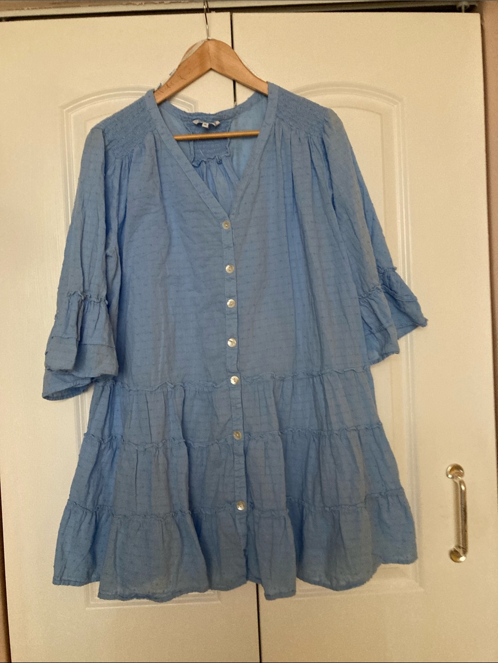Light Blue Button-Front Tiered Tunic Dress